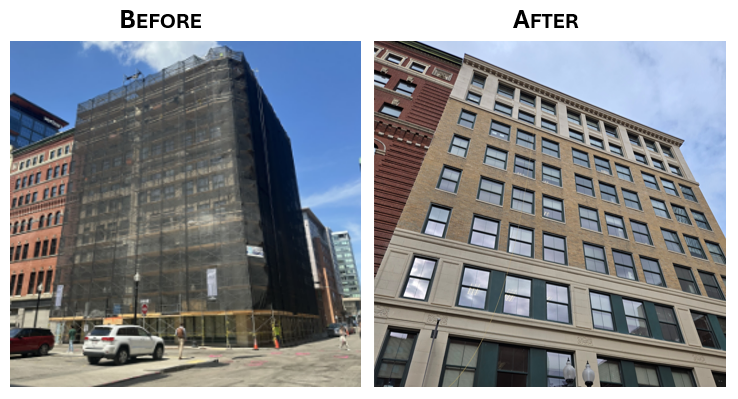 Before and after images of the GBLS building, with scaffolding and without