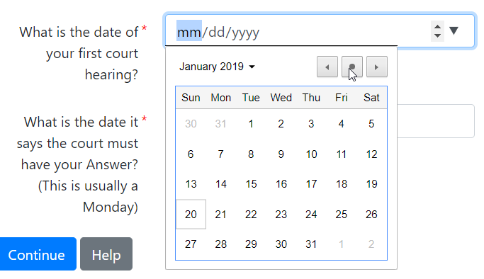 Screenshot showing calendar drop down selection