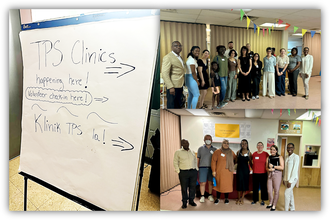 An photo of a sign board reading 'TPS clinics happening here" in both English and Haitian Creole, and two photos of TPS clinic staff and clients